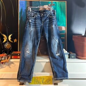 Silver Jeans Women's Distressed Blue Cropped Jeans 30" X 25"